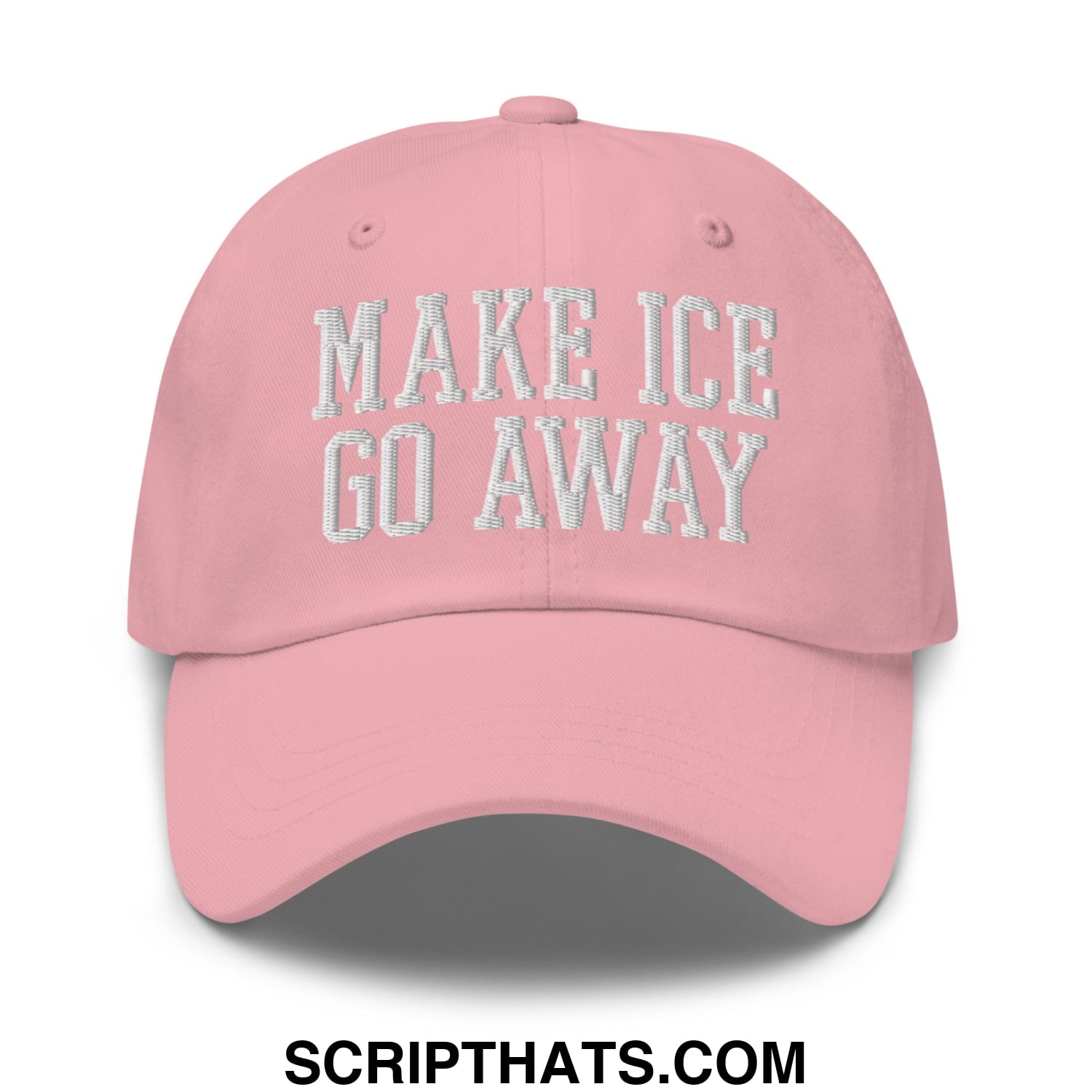 A soft pink unstructured dad hat with make ice go away embroidered in textured silver thread across the front