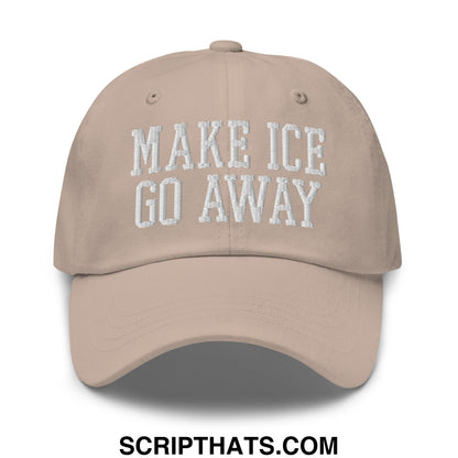 Beige unstructured dad hat with white embroidered make ice go away text perfect for casual wear