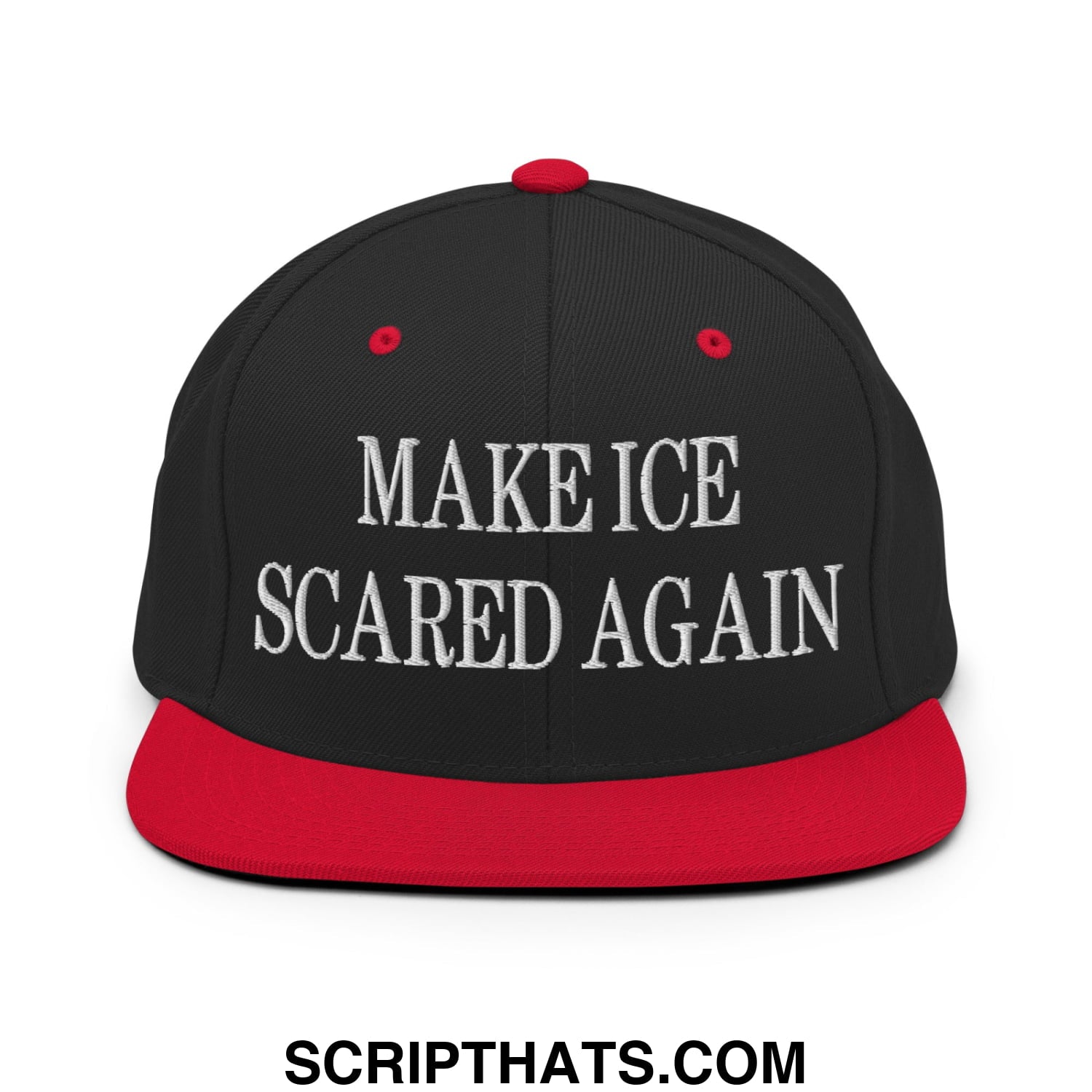 Black snapback cap with red brim and button featuring white embroidered make ice scared again text on flat bill brim