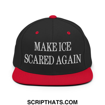 Black snapback cap with red brim and button featuring white embroidered make ice scared again text on flat bill brim