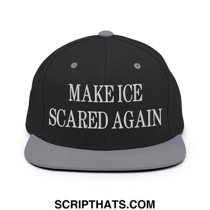 Black snapback cap with gray brim and white embroidered text reading make ice scared again flat bill brim snapback hat