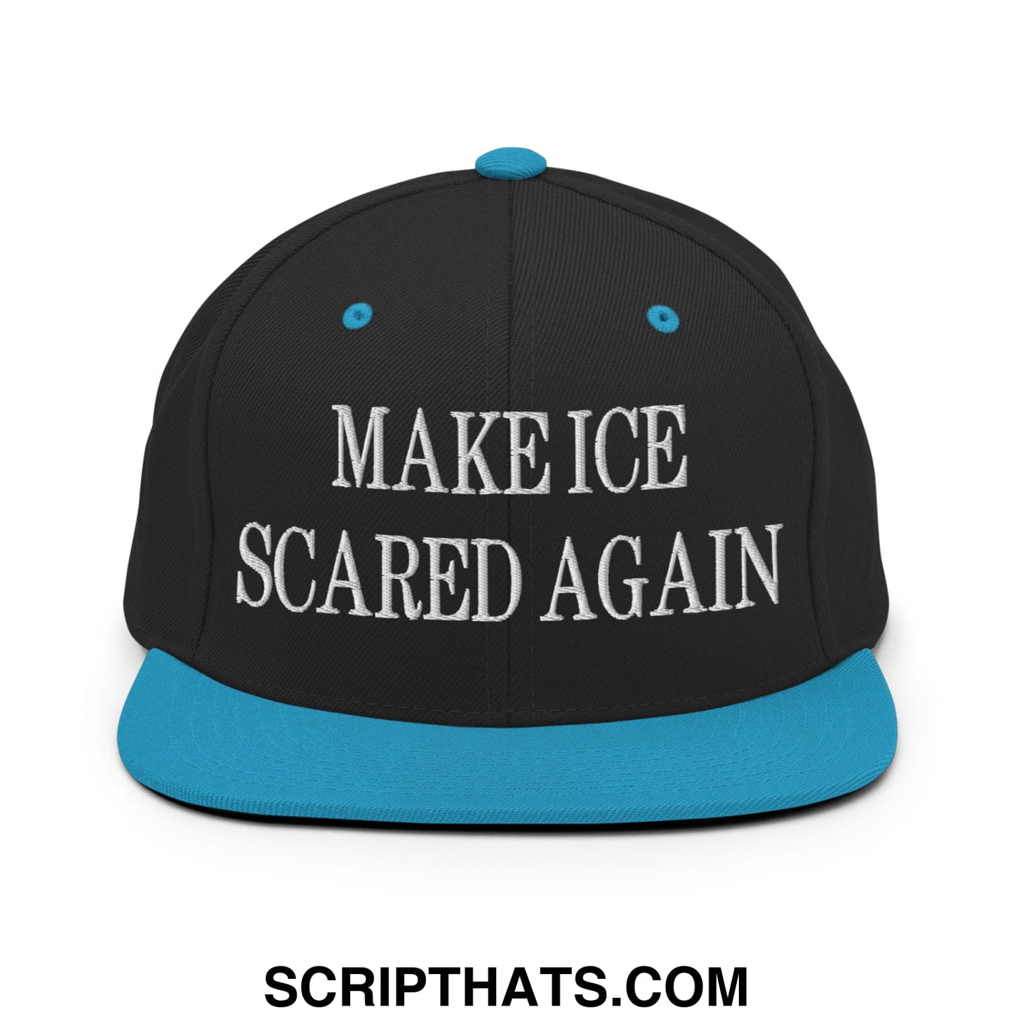 Black snapback cap with teal brim and white embroidered text make ice scared again flat bill brim snapback hat