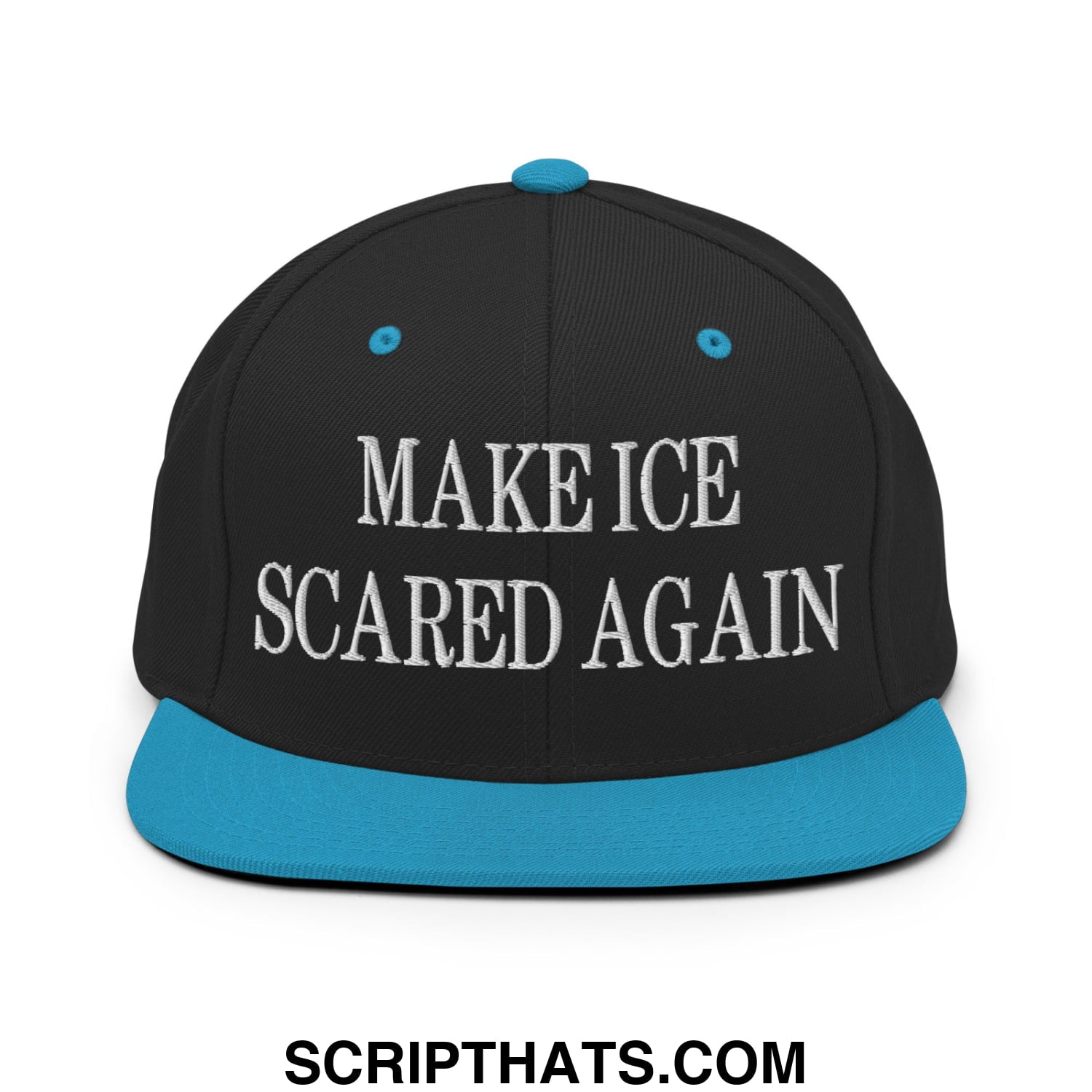 Black snapback cap with teal brim and white embroidered text make ice scared again flat bill brim snapback hat