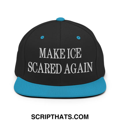 Black snapback cap with teal brim and white embroidered text make ice scared again flat bill brim snapback hat