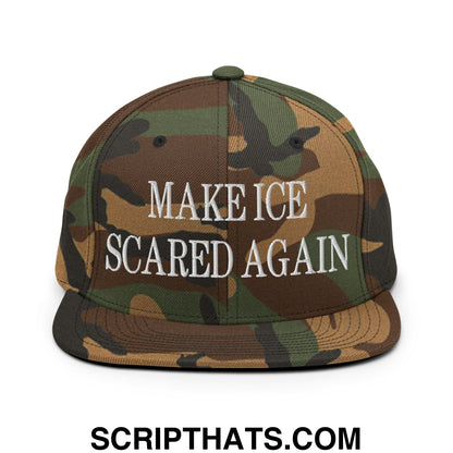Make ICE Scared Again Embroidered Flat Bill Brim Snapback Hat Green Camo