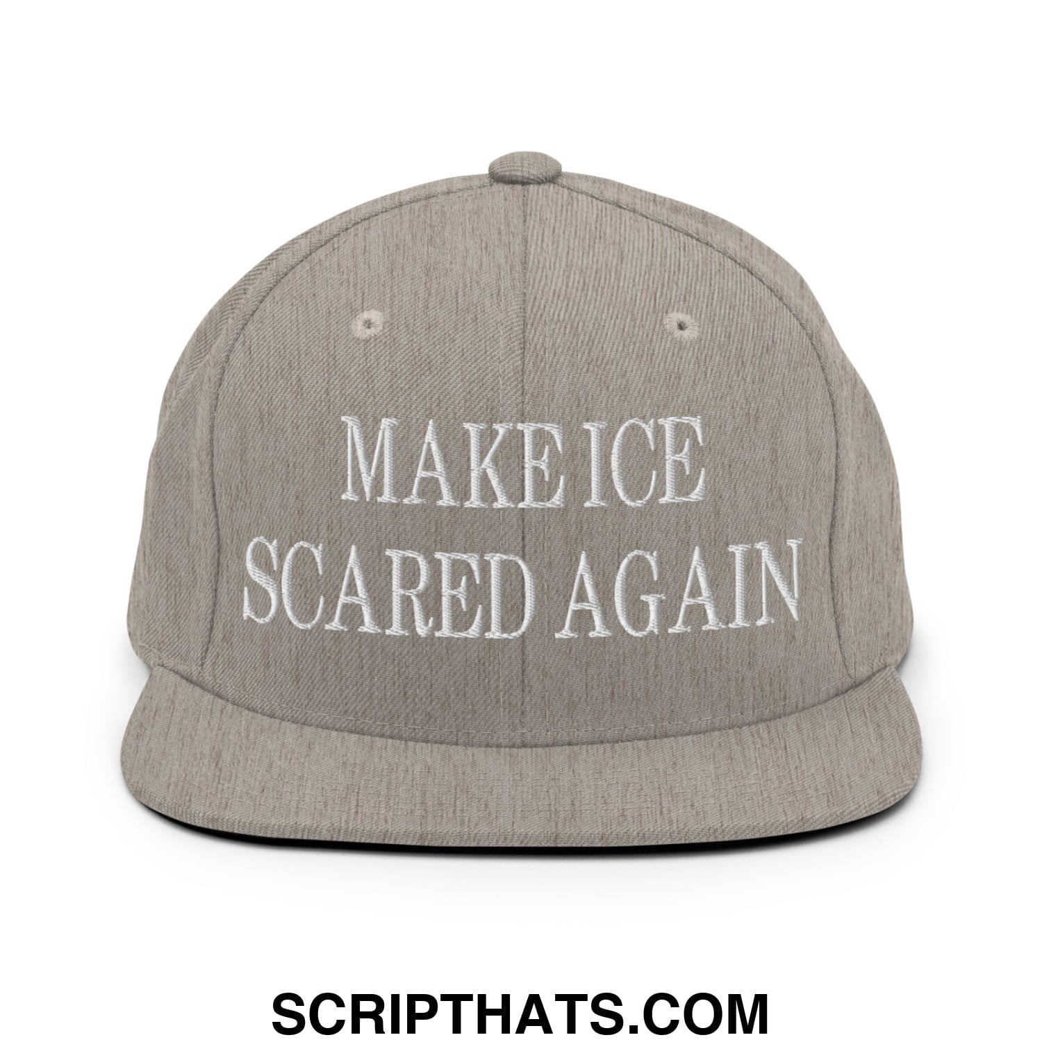 Gray snapback hat with white embroidered text make ice scared again on flat bill brim for casual wear