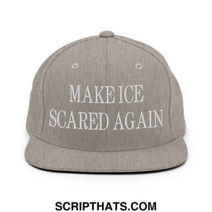Gray snapback hat with white embroidered text make ice scared again on flat bill brim for casual wear