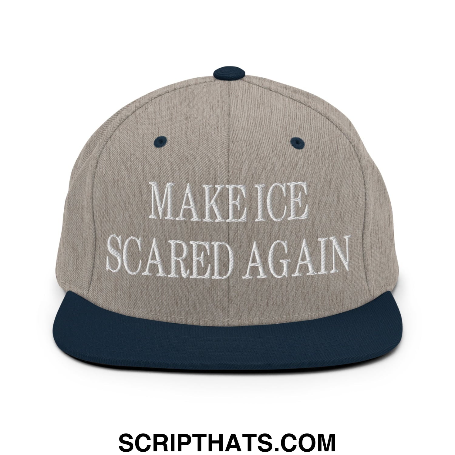 A gray and navy blue flat bill snapback hat with white embroidered text reading make ice scared again