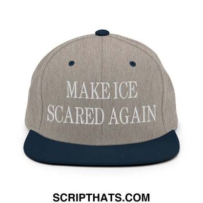 A gray and navy blue flat bill snapback hat with white embroidered text reading make ice scared again