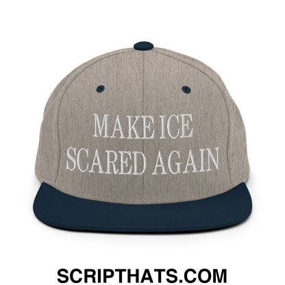 Make ICE Scared Again Embroidered Flat Bill Brim Snapback Hat Heather Grey Navy