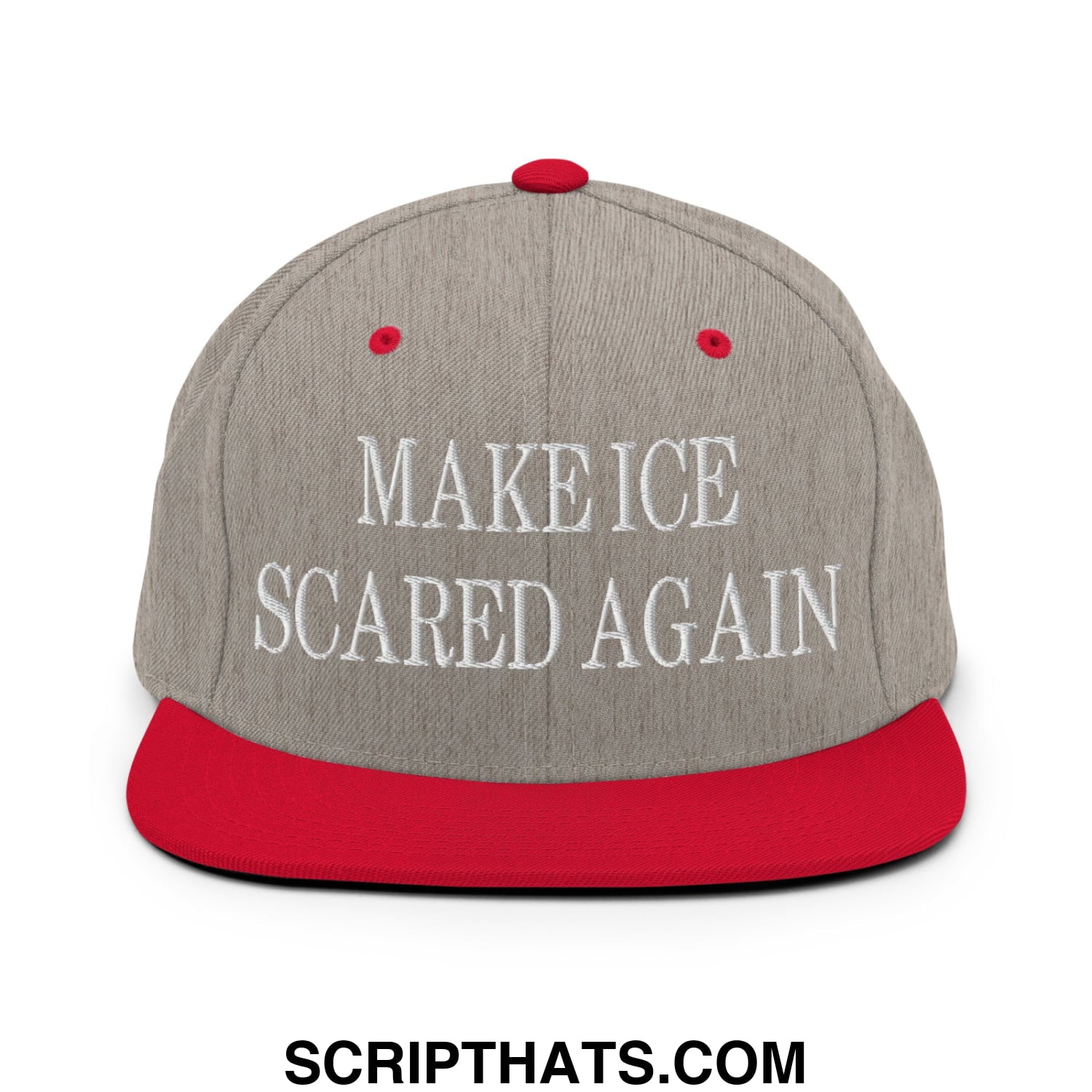 Gray and red snapback hat with white embroidered make ice scared again text and flat bill brim design