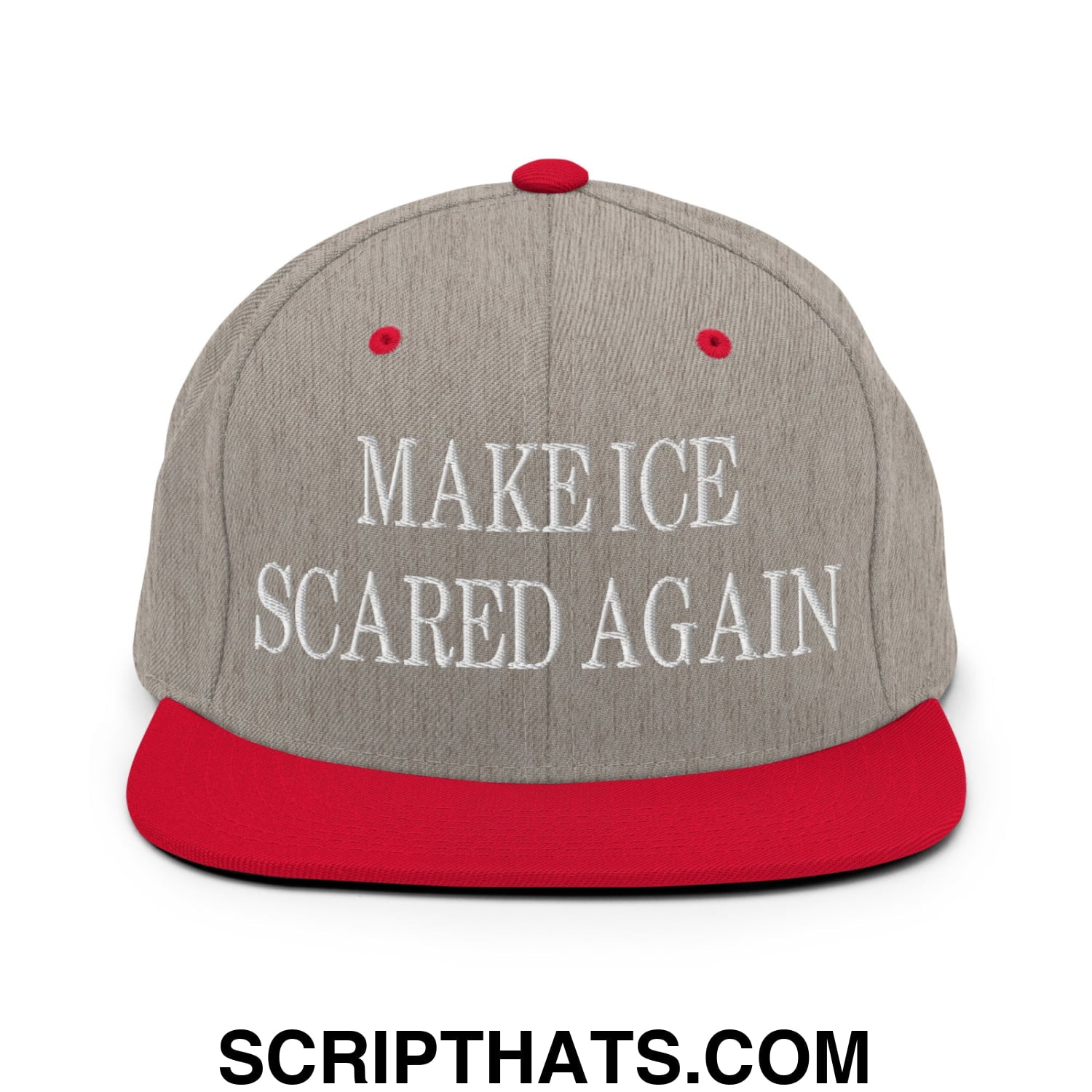 Make ICE Scared Again Embroidered Flat Bill Brim Snapback Hat Heather Grey Red