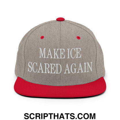 Make ICE Scared Again Embroidered Flat Bill Brim Snapback Hat Heather Grey Red