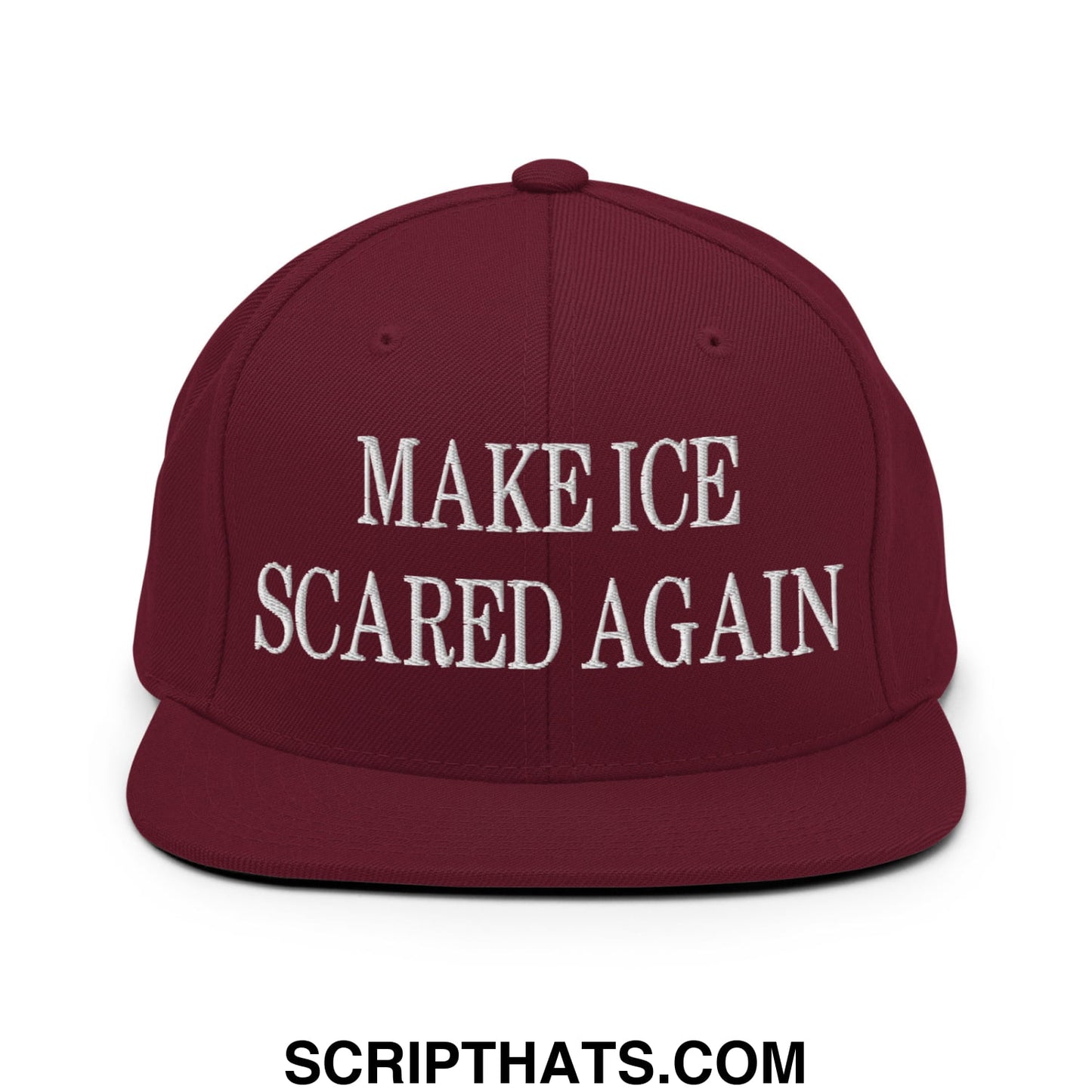 Maroon flat bill brim snapback hat with white embroidered make ice scared again text for casual wear