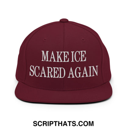 Maroon flat bill brim snapback hat with white embroidered make ice scared again text for casual wear