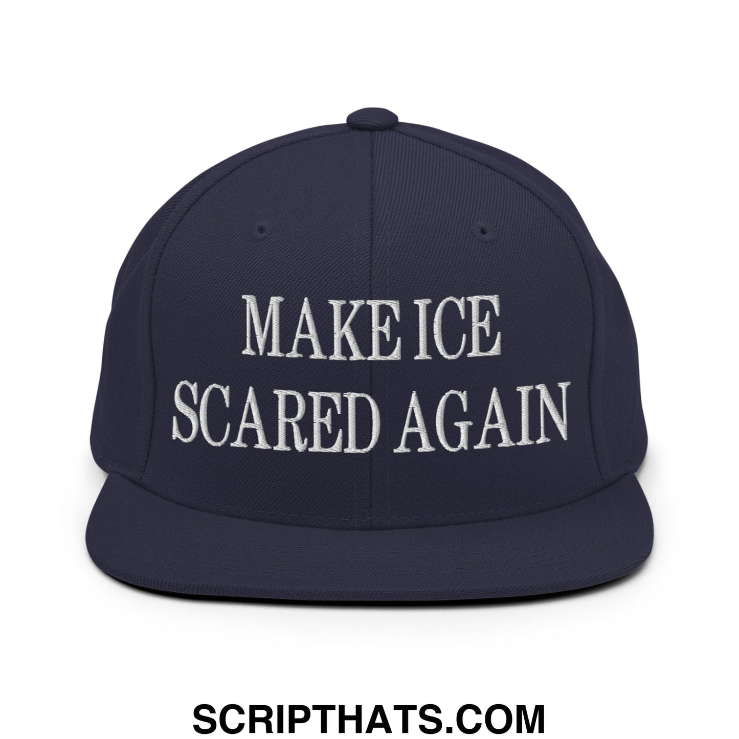 Navy blue flat bill snapback hat with white embroidered text make ice scared again for casual wear