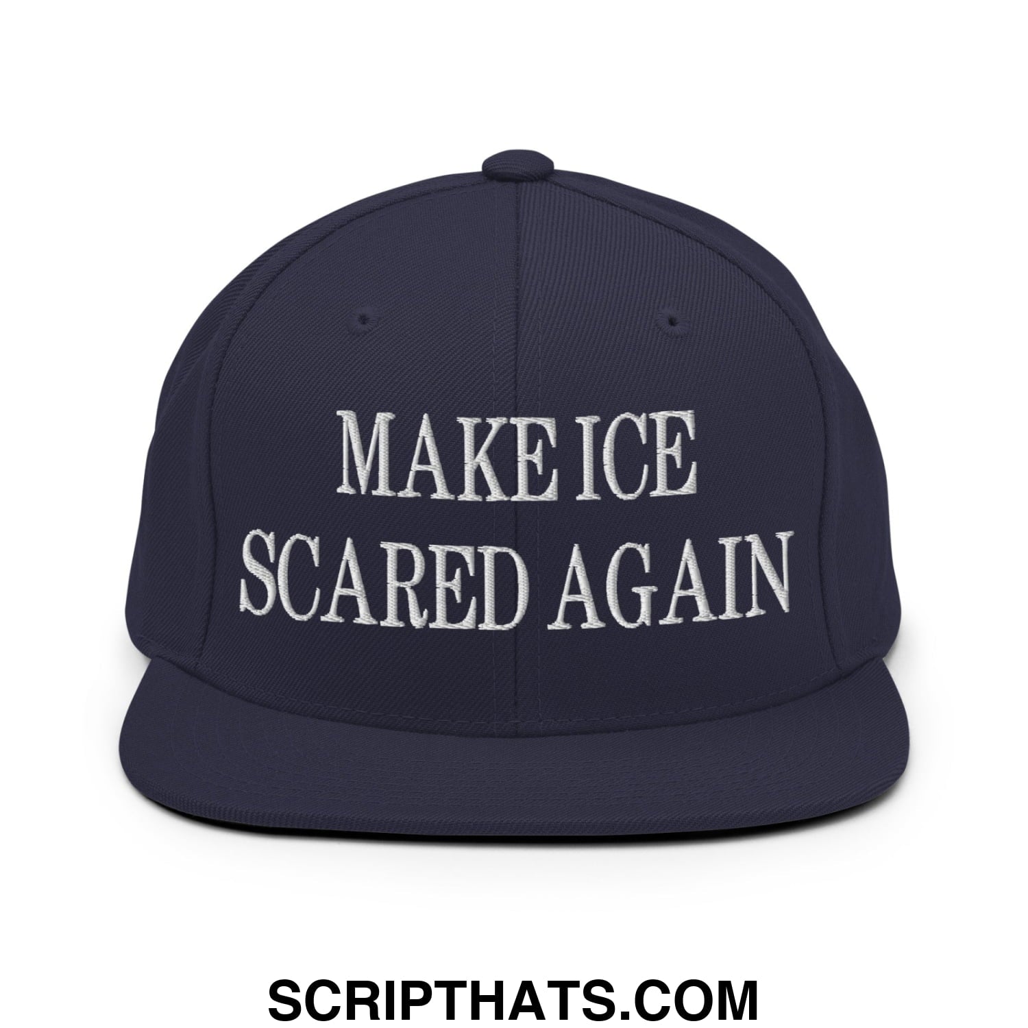 Navy blue flat bill snapback hat with white embroidered text make ice scared again for casual wear