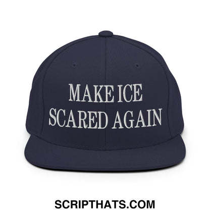 Navy blue flat bill snapback hat with white embroidered text make ice scared again for casual wear