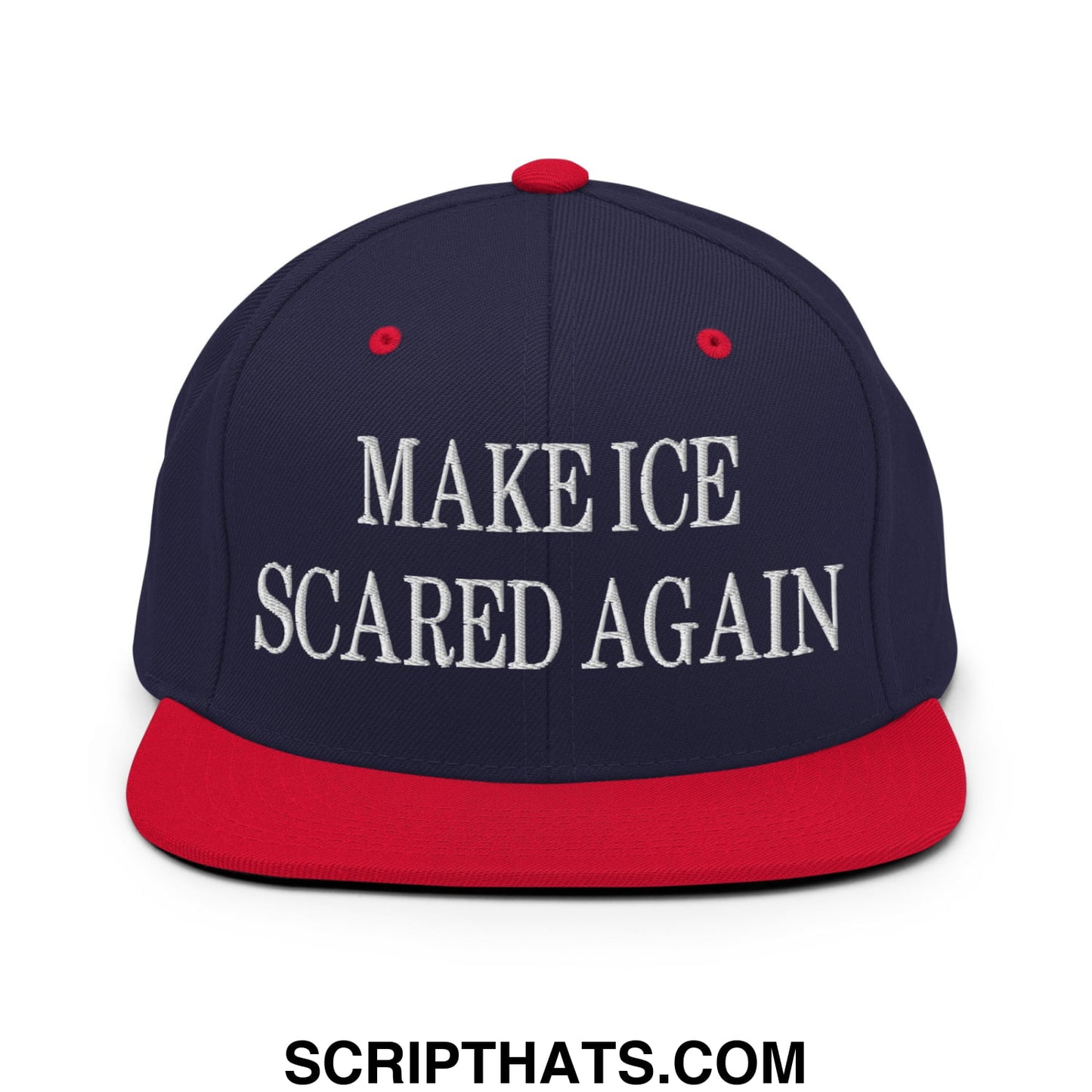 Navy blue and red snapback hat with white embroidered make ice scared again text and flat bill brim design