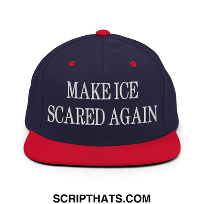 Navy blue and red snapback hat with white embroidered make ice scared again text and flat bill brim design