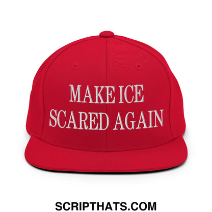 Red snapback cap with white embroidered make ice scared again text and flat bill brim for casual wear