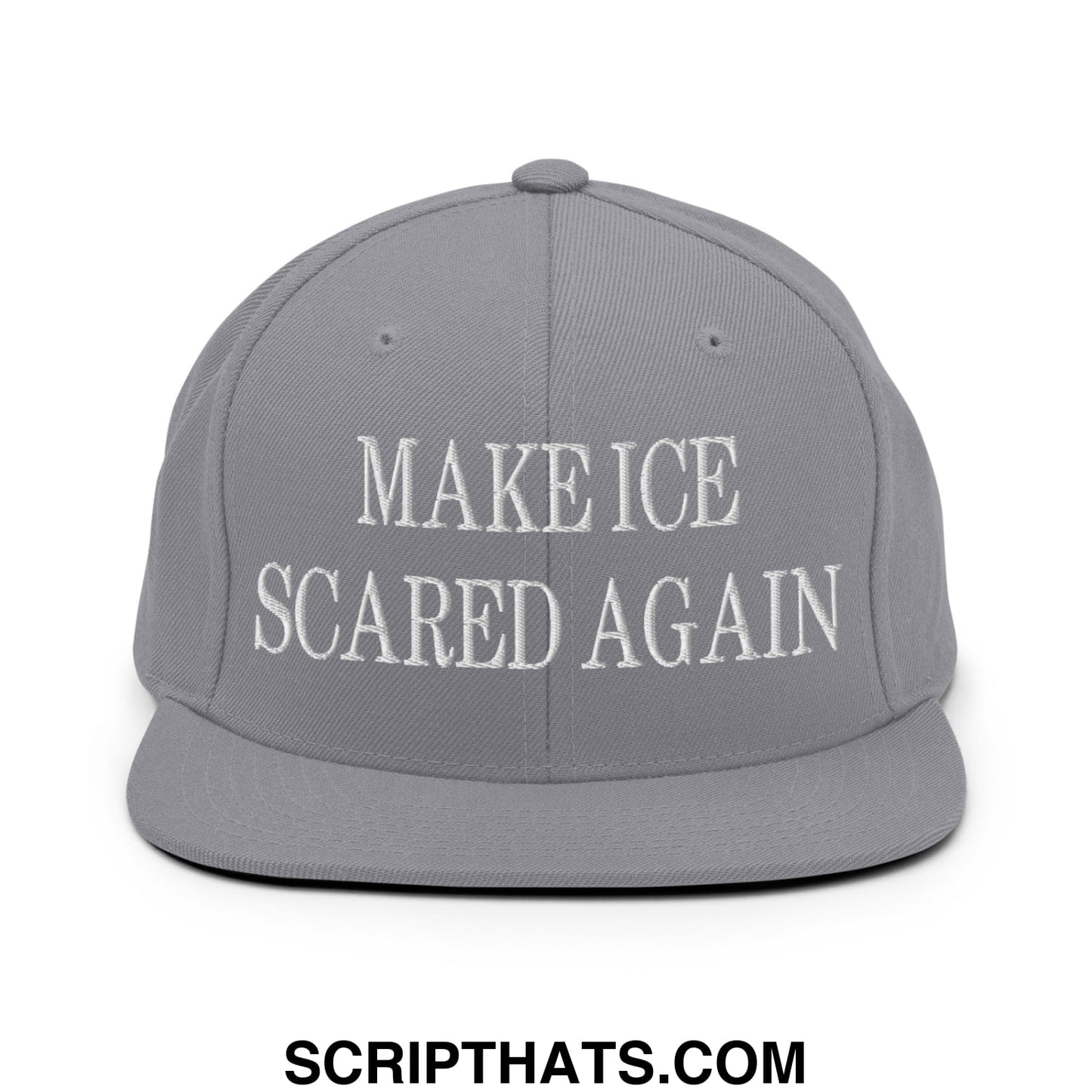 Gray snapback hat with white embroidered make ice scared again text and flat bill brim for casual wear