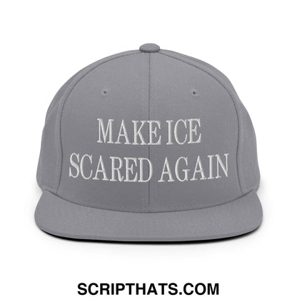 Gray snapback hat with white embroidered make ice scared again text and flat bill brim for casual wear