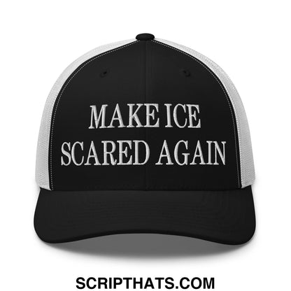 Black and white mesh trucker hat with embroidered make ice scared again text in bold distressed font
