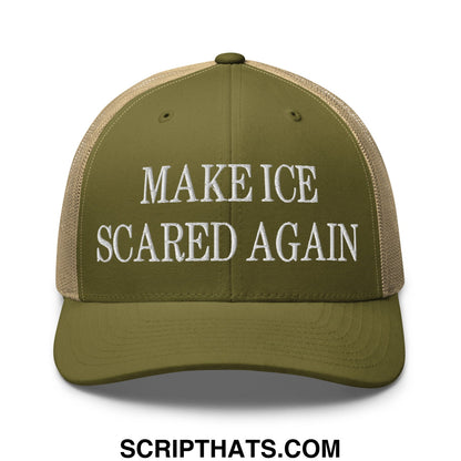 Olive green and tan mesh trucker hat with white embroidered make ice scared again text front panel