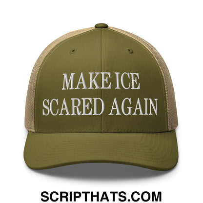 Make ICE Scared Again Embroidered Mesh Trucker Hat Moss Khaki