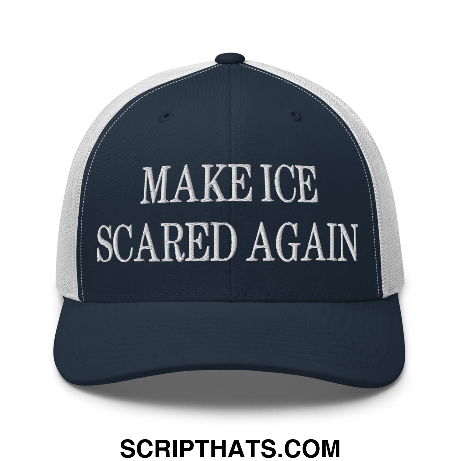 Navy blue and white mesh trucker hat with embroidered make ice scared again text on front panel