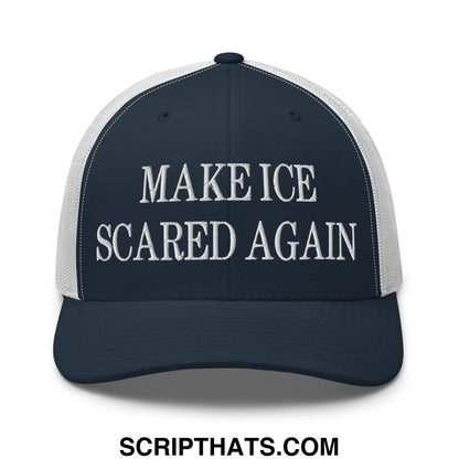 Navy blue and white mesh trucker hat with embroidered make ice scared again text on front panel