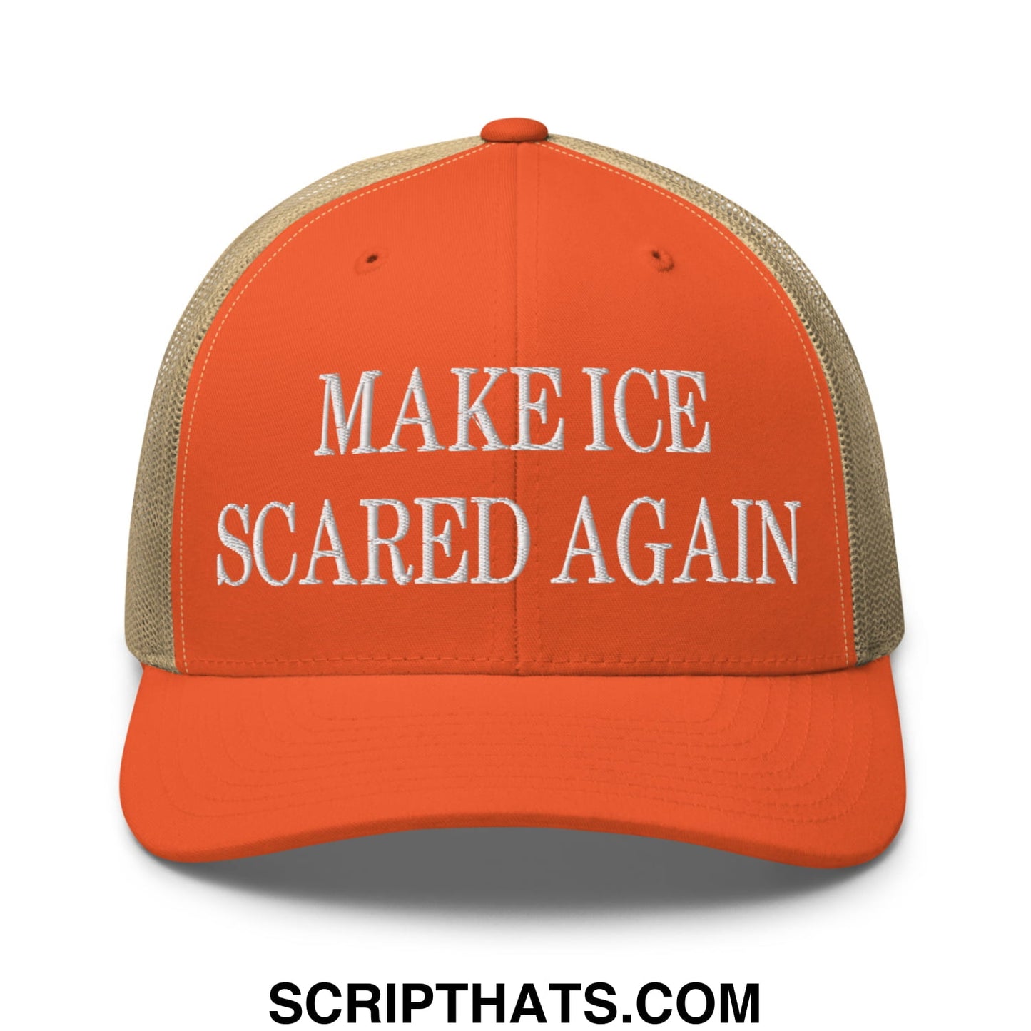 Orange and beige embroidered mesh trucker hat with white text reading make ice scared again