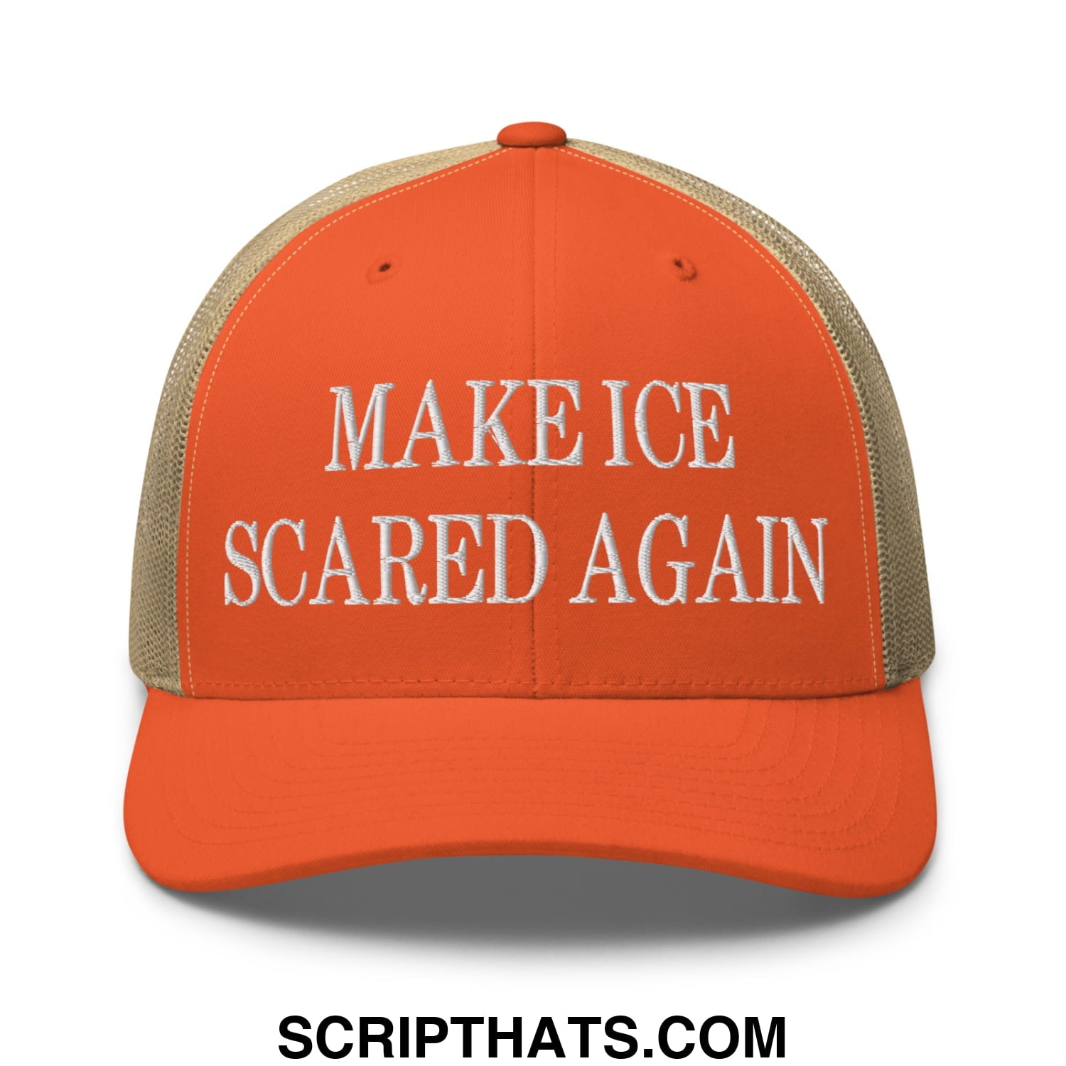 Orange and beige embroidered mesh trucker hat with white text reading make ice scared again