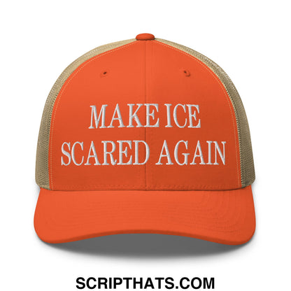 Orange and beige embroidered mesh trucker hat with white text reading make ice scared again