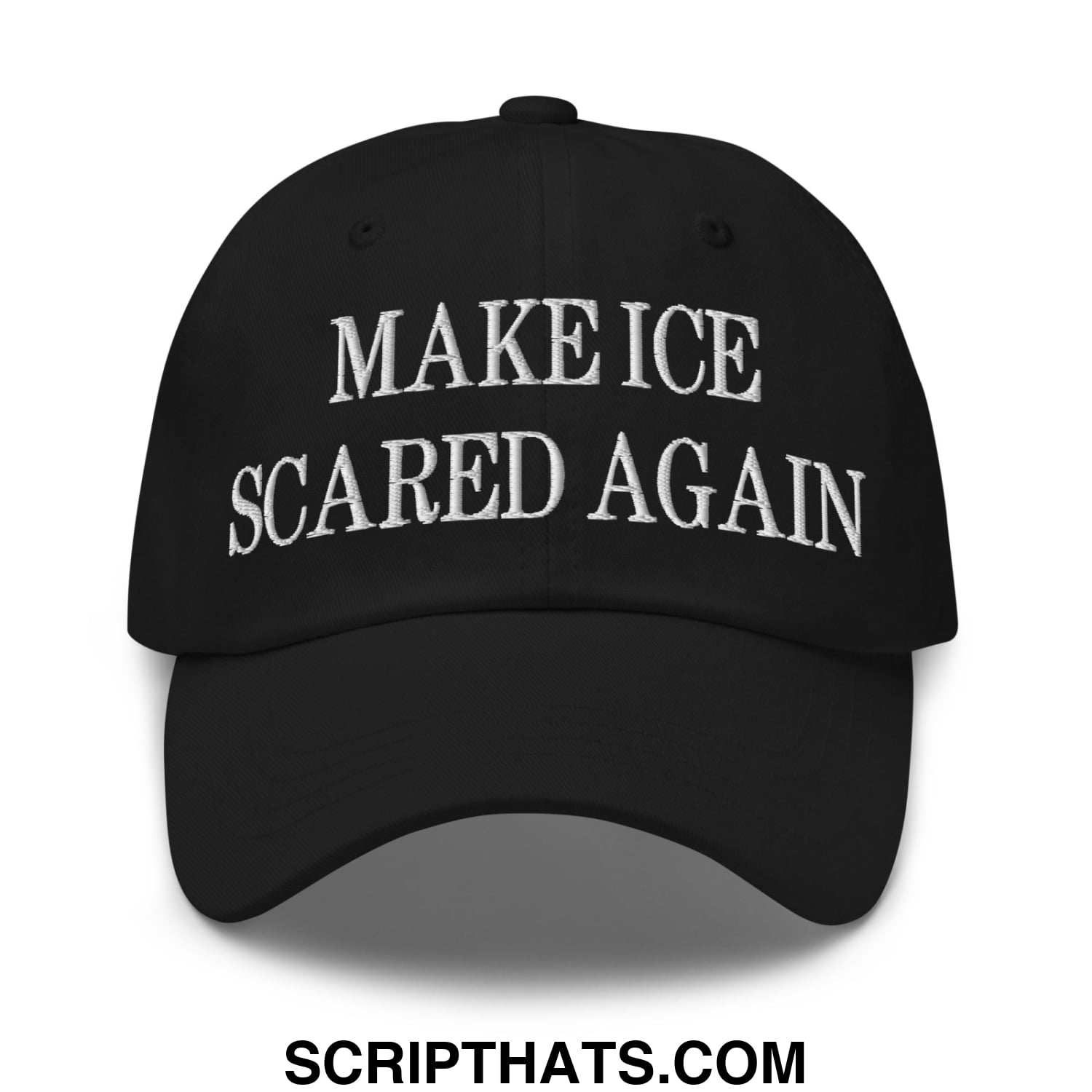 Black unstructured dad hat with white embroidered text make ice scared again in a casual style
