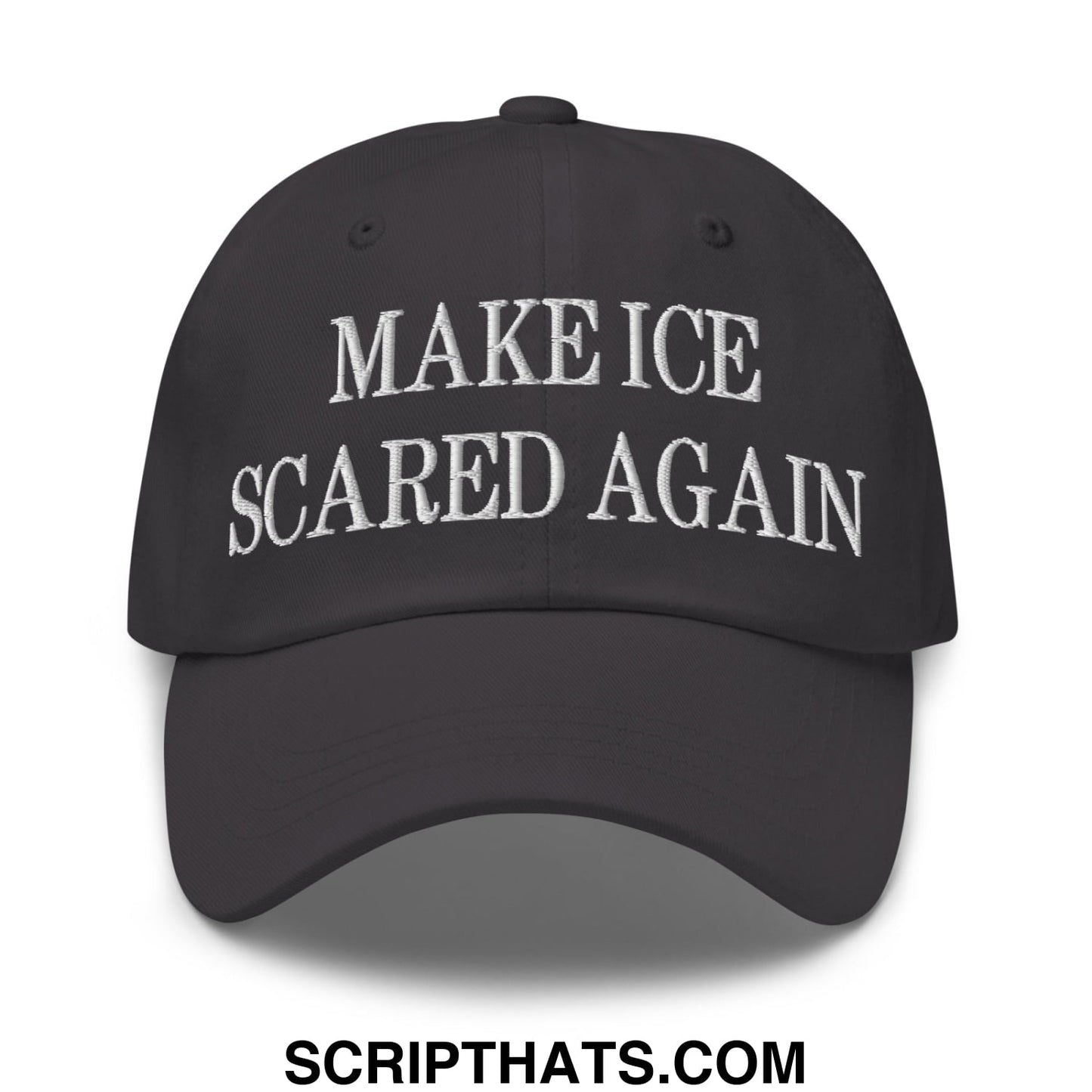 Black unstructured dad hat with white embroidered make ice scared again text for casual wear
