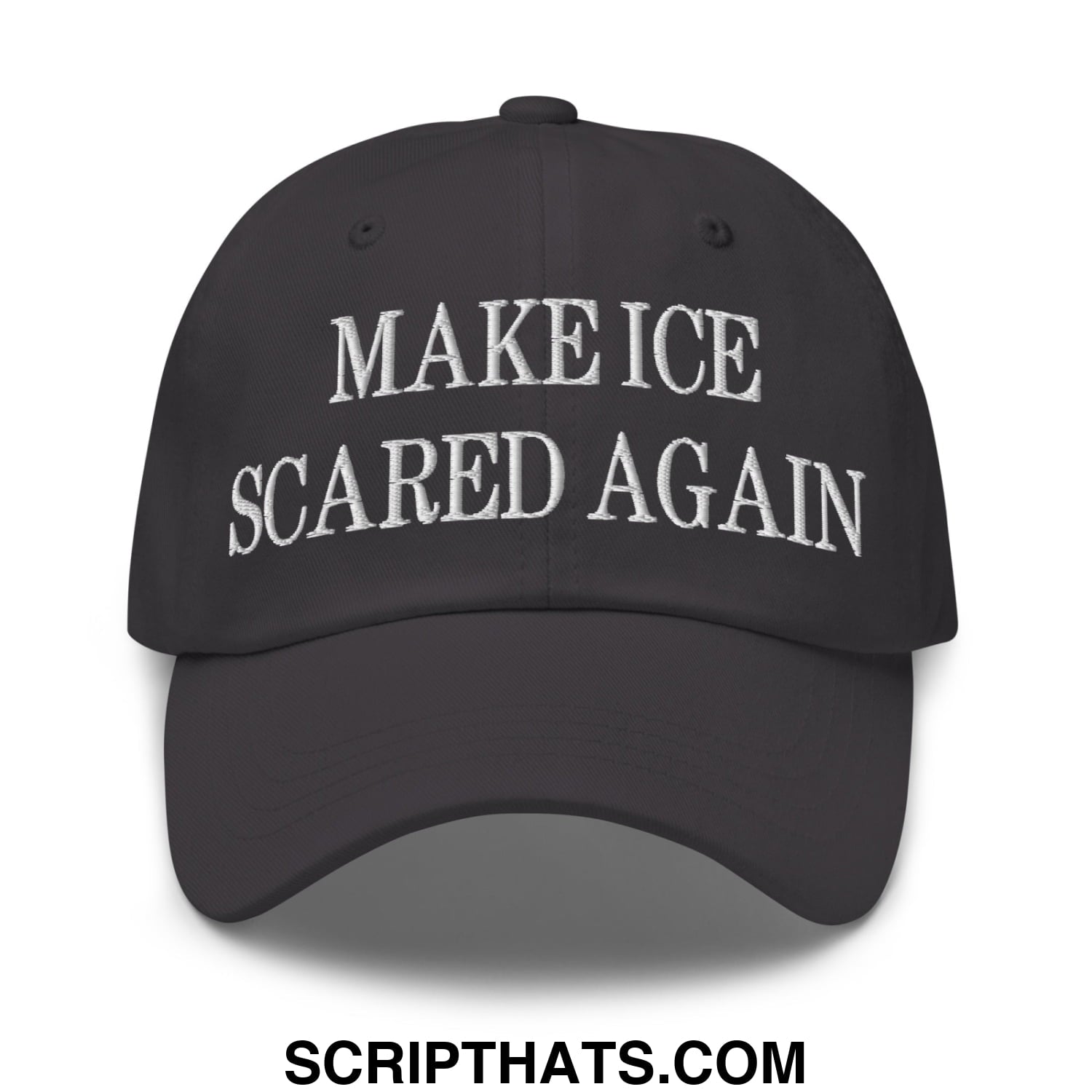 Black unstructured dad hat with white embroidered make ice scared again text for casual wear
