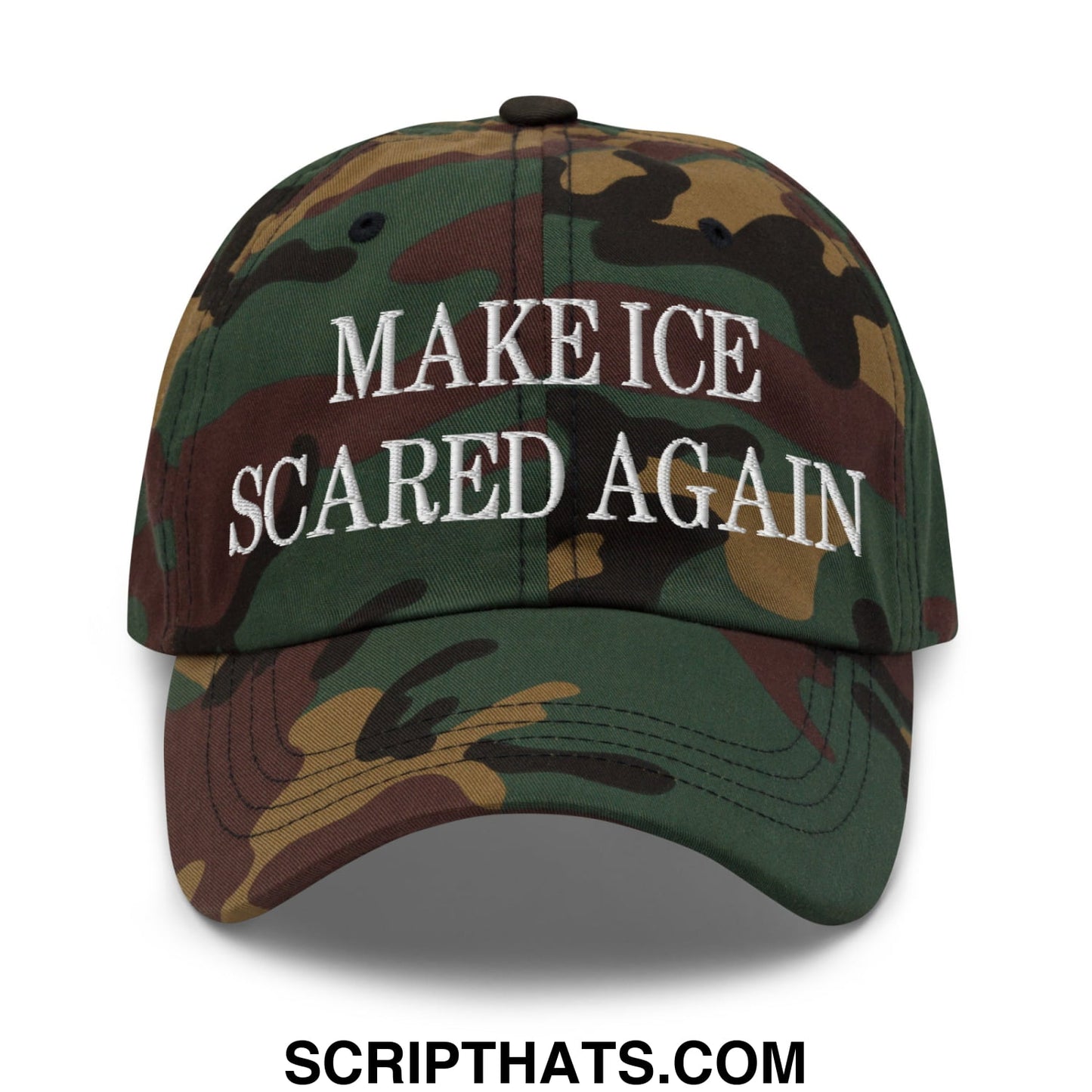 A camouflage-patterned unstructured dad hat with white embroidered text make ice scared again