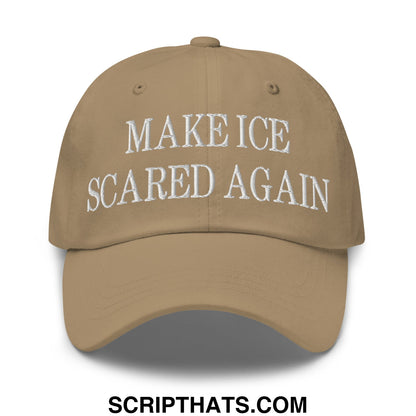 Tan unstructured dad hat with white embroidered text reading make ice scared again