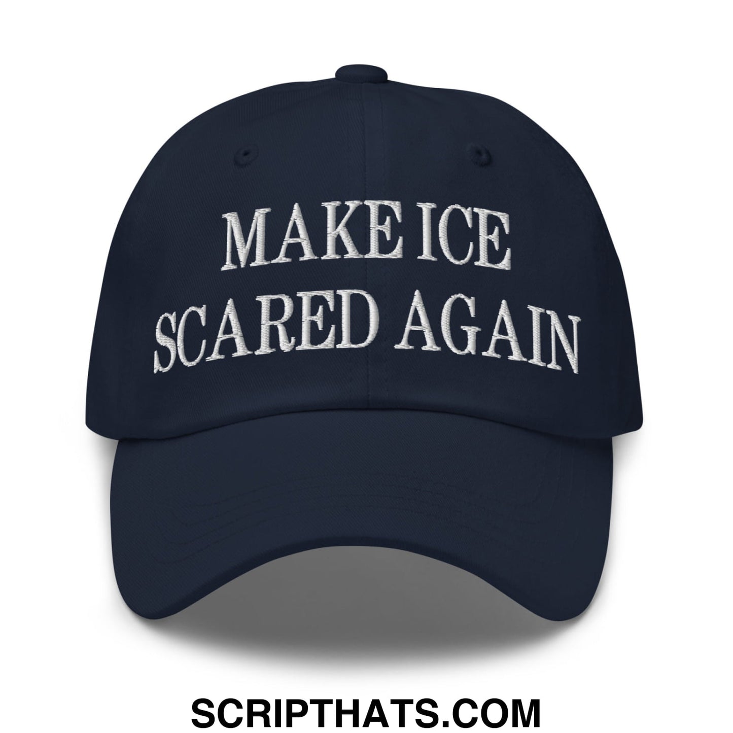Navy blue unstructured dad hat with white embroidered make ice scared again text, perfect for casual wear