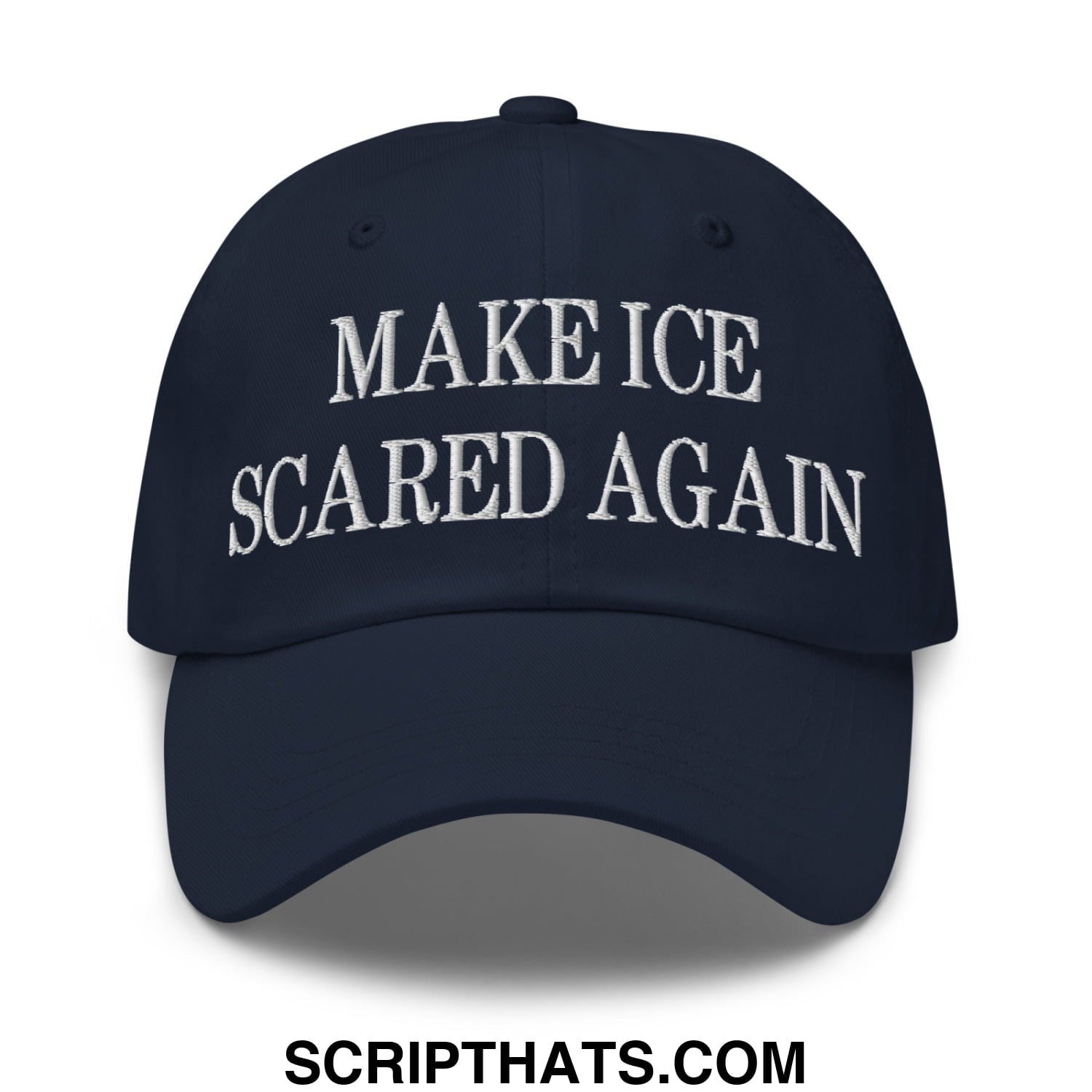 Navy blue unstructured dad hat with white embroidered make ice scared again text, perfect for casual wear