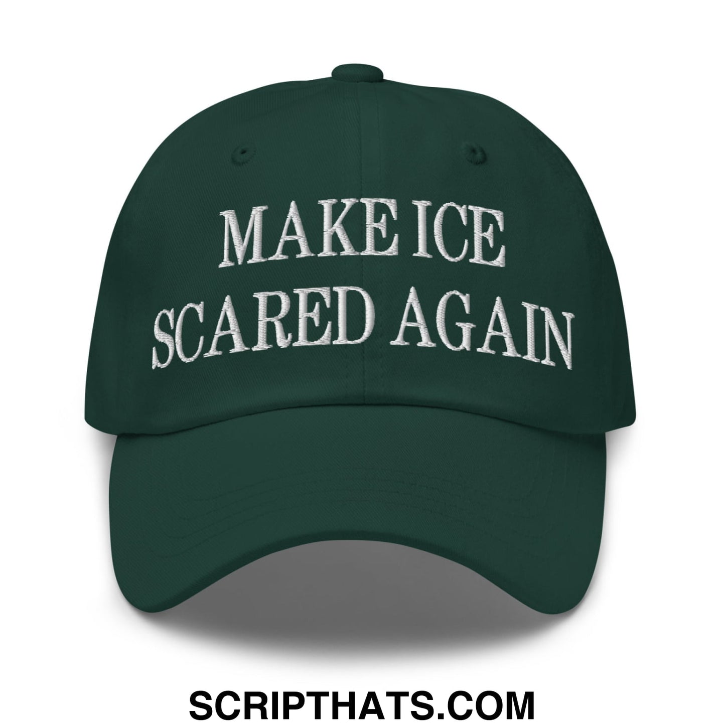 Dark green unstructured dad hat with white embroidered make ice scared again text for casual wear