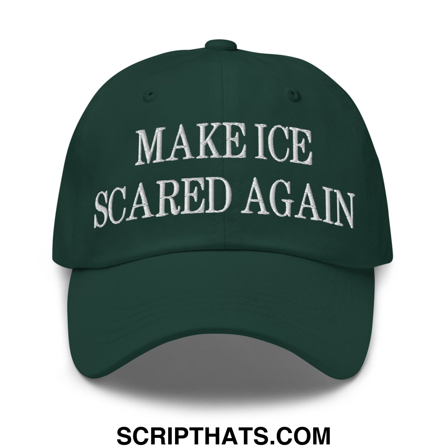 Dark green unstructured dad hat with white embroidered make ice scared again text for casual wear