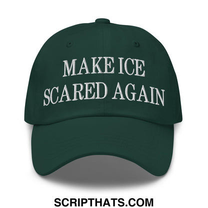 Dark green unstructured dad hat with white embroidered make ice scared again text for casual wear