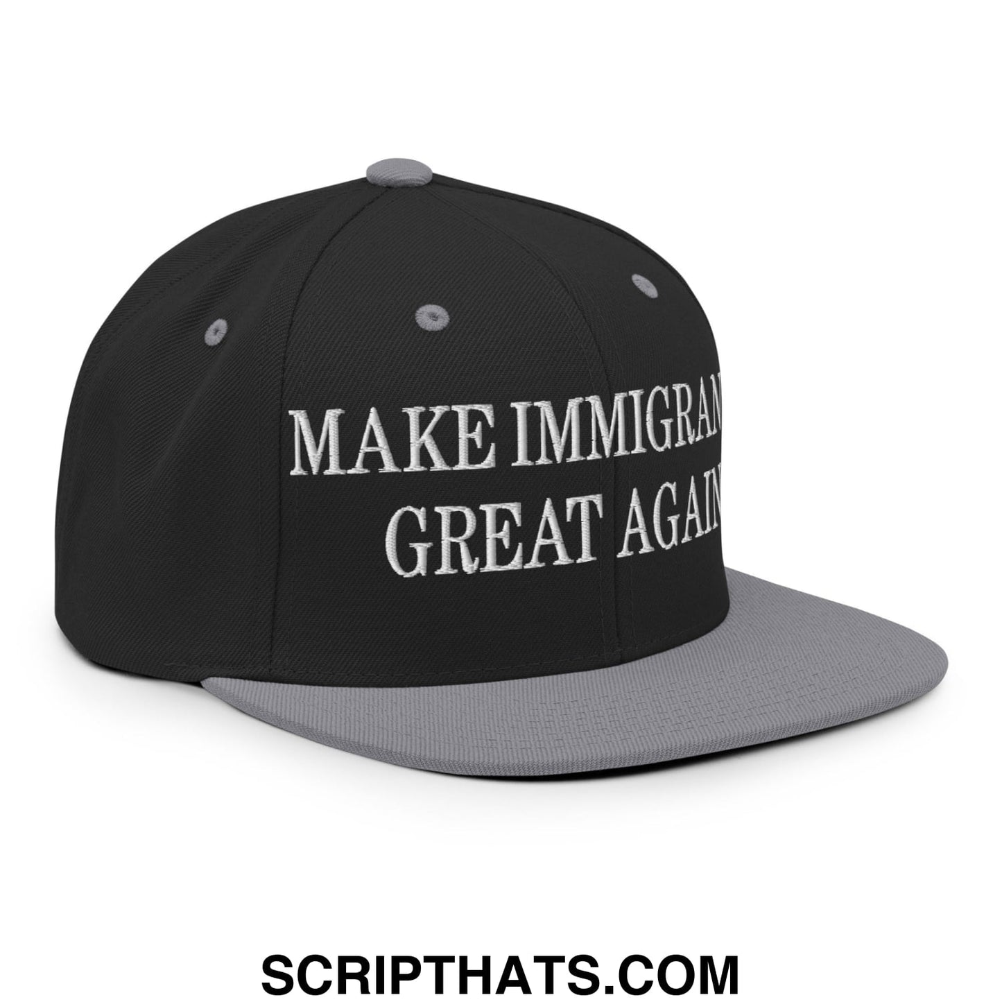 Black and gray snapback cap with white embroidered make immigration great again text on flat bill brim
