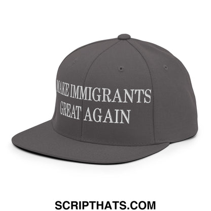 Gray snapback hat with white embroidered make immigrants great again text featuring a flat bill brim design