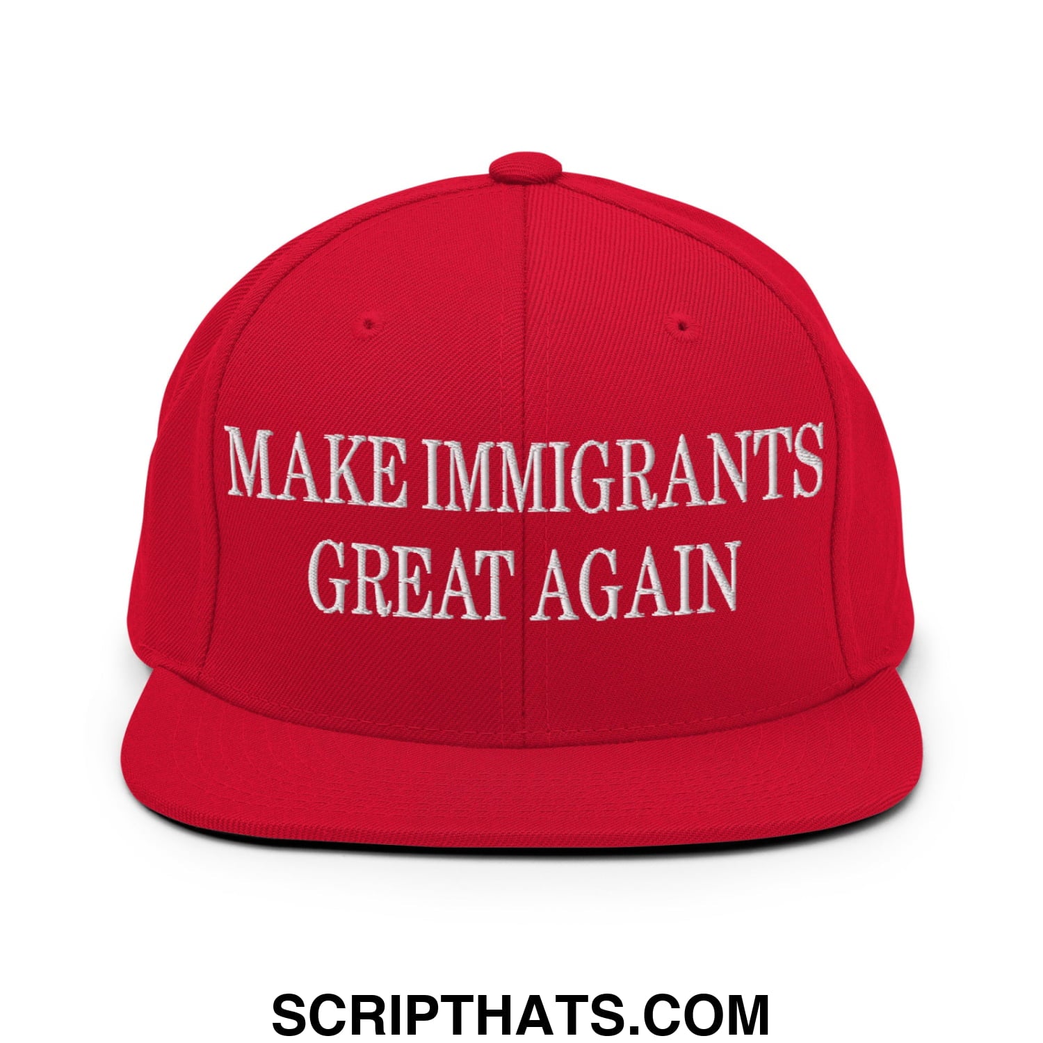 Red snapback cap with white embroidered make immigrants great again text and flat bill brim design