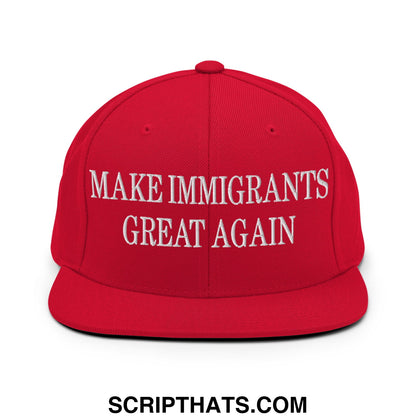 Red snapback cap with white embroidered make immigrants great again text and flat bill brim design