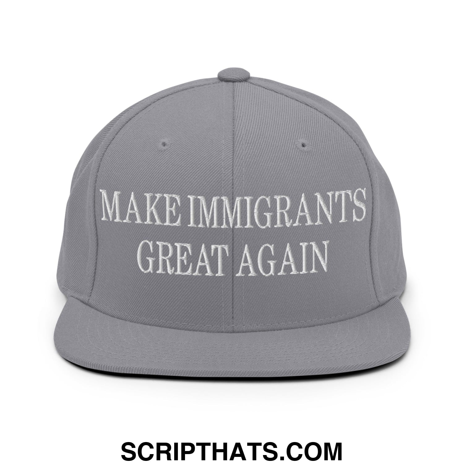 Gray snapback cap with white embroidered make immigrants great again text and flat bill brim design